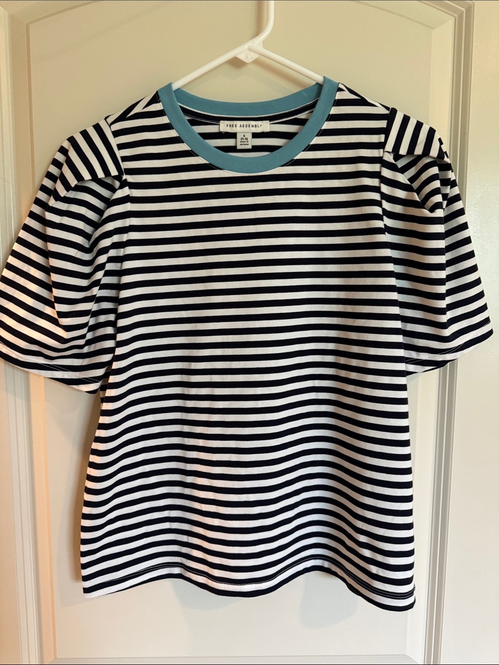 Women’s Striped Puff-Sleeve Tee in Black & White with Blue Trim